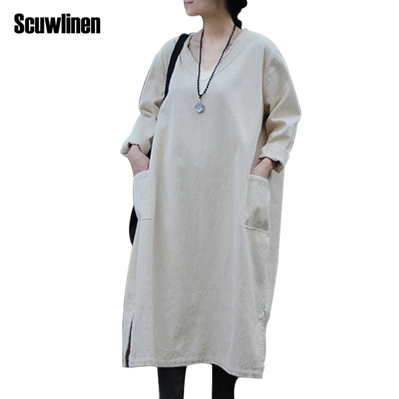 

Зимнее женское платье SCUWLINEN 2019, утепленное жаккардовое платье, винтажное платье с V-образным вырезом, свободное повседневное платье, размера...