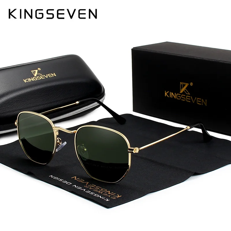 gold green G15 KINGSEVEN, классические светоотражающие солнцезащитные очки, мужские шестигранные ретро очки, солнцезащитные очки из нержавеющей стали, солнцезащитные очки, солнцезащитные очки - Цвет линз: gold green G15