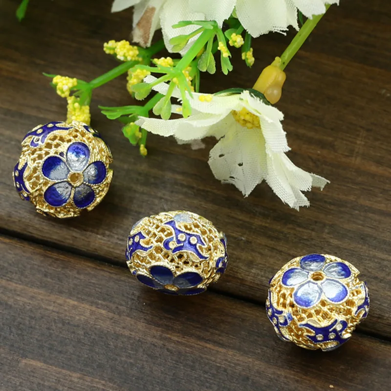 Многослойные Позолоченные эмалевые синие Бусины с цветочным узором для