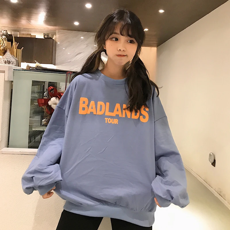 Толстовки Ulzzang BF Harajuku Женский пуловер с рукавами-фонариками и О-образным вырезом Женские свободные Kawaii шикарные модные толстовки в Корейском стиле