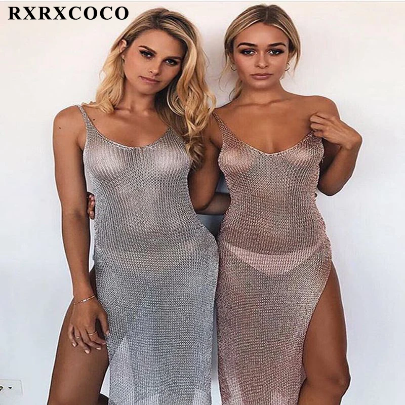 RXRXCOCO, сексуальный Однотонный женский сетчатый пляжный купальник, накидка, купальный костюм, летняя пляжная одежда, трикотажный купальник, Пляжное Платье