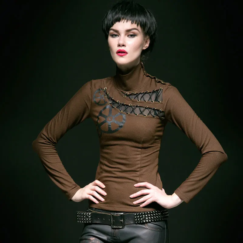 

PUNK RAVE Steampunk Temperament Stripe Gear Printing Plaid Turtleneck Knit Female Shirt summer T-shirt women T-362