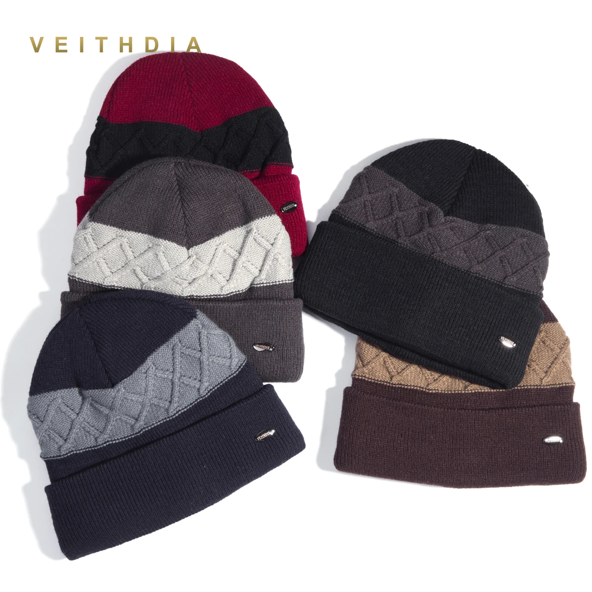 VEITHDIA супер крутые Skullies шапки для мужчин вязаные плюс бархатная Лоскутная цветная