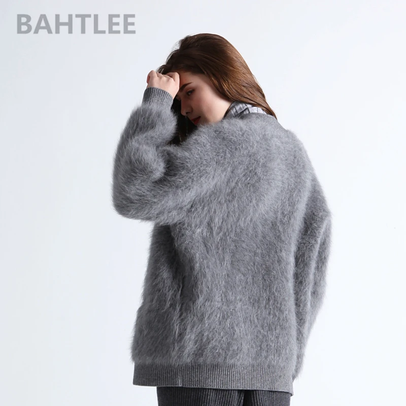 BAHTLEE, зимний шерстяной вязаный женский кардиган из ангоры, свитер, норка, кашемир, v-образный вырез, пуговица, карман, толстый, сохраняет тепло
