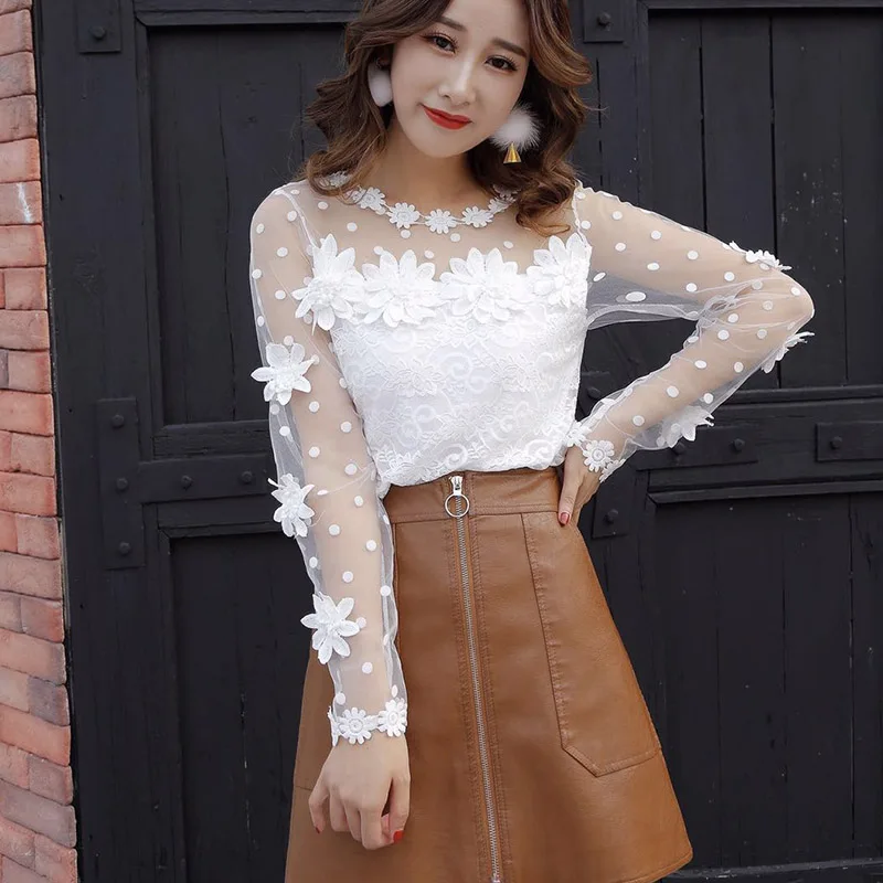 Блузка женская в горошек модная Милая брендовая рубашка с кружевом Розовый Белый