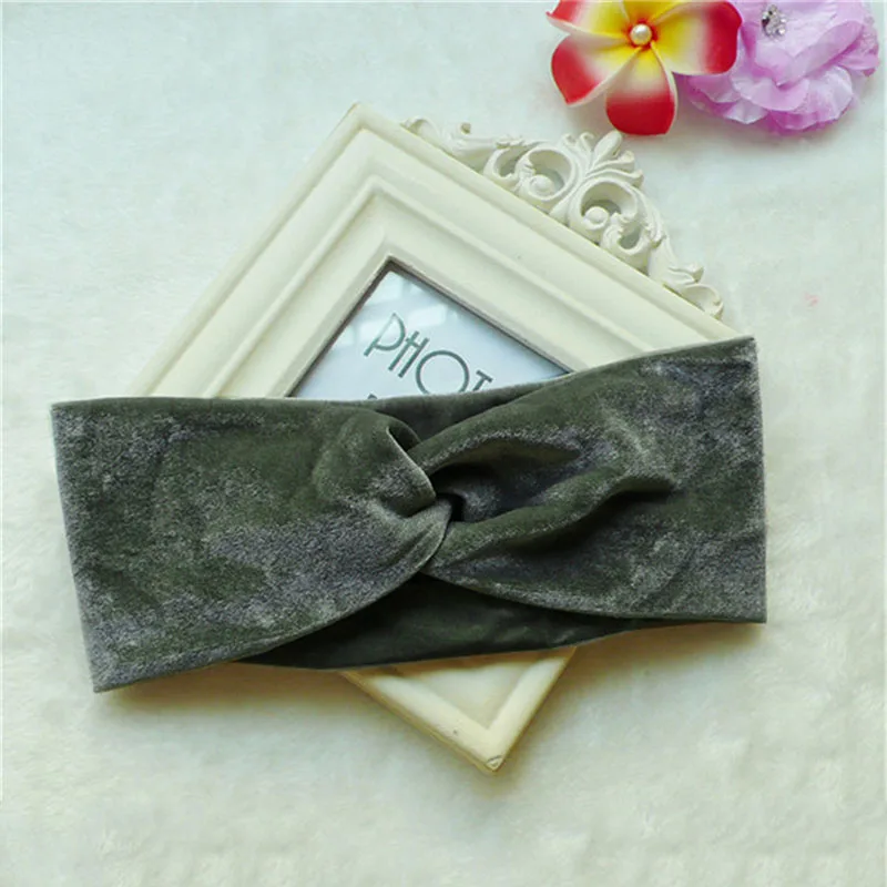 9cm Deep gray Распродажа, зимняя теплая вязаная повязка на голову с ушками, тюрбан для женщин, бархатный бант, широкая эластичная повязка для головы, повязка на голову, аксессуары для волос - Цвет: 9cm Deep gray