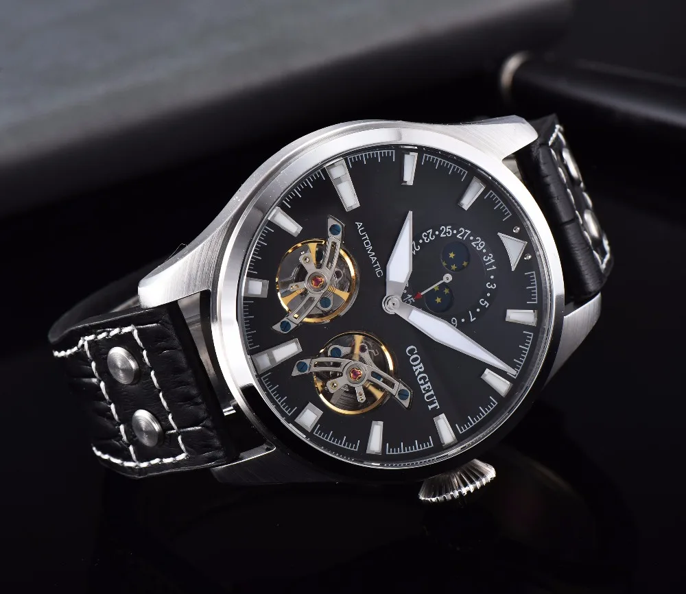 Corgeut 47 мм Чехол Мужские часы Скелет автоматические часы PVD запас хода Tourbillon Мужские механические часы мужские часы подарок