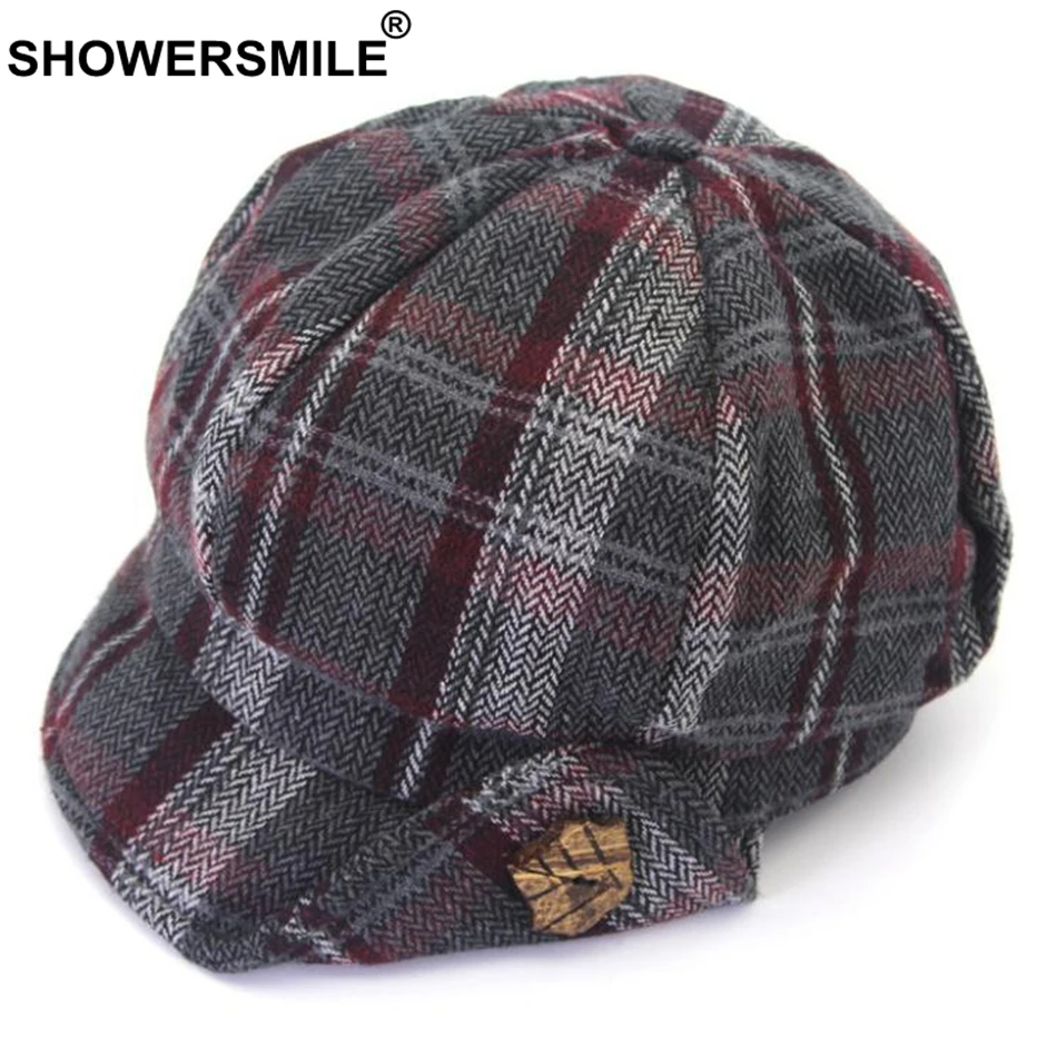 SHOWERSMILE Кепка Newsboy Женская твидовая винтажная восьмиугольная шляпа клетчатая женская серая Ретро Кепка Duckbill зимние кепки-береты из шерсти плюща