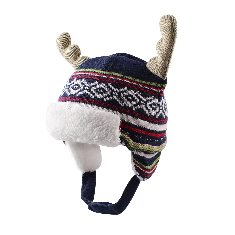 Elk Christmas Baby Hat Cartoon Winter Beanie Knit Warm Boy Fleece Lined Cute Toddler Girls Boys Clothing | Детская одежда и обувь