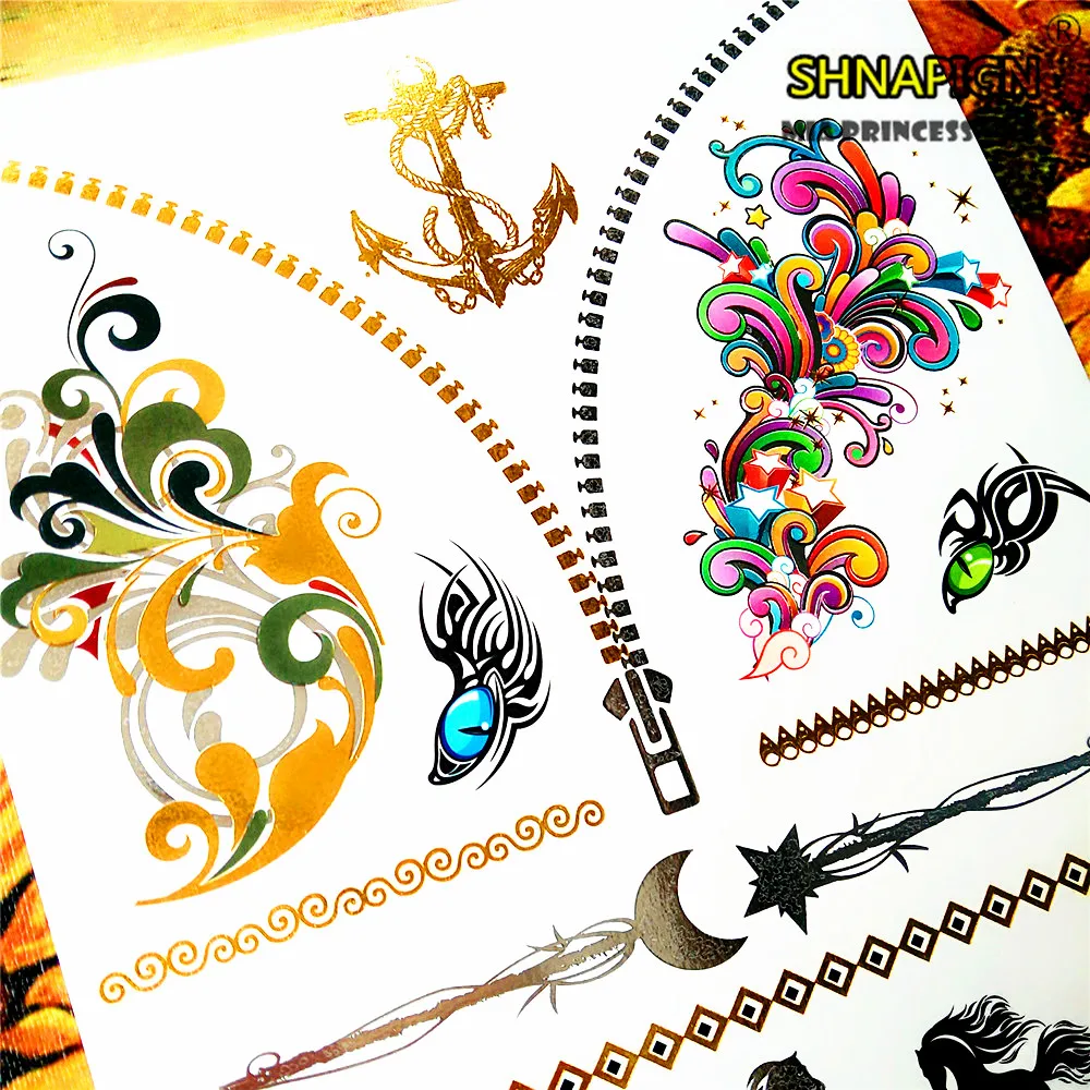SHNAPIGN 24 style Temporary Tattoo Body Art Gold Anchors horse Designs Flash Sticker Keep 3-5 days Waterproof 21*15cm | Красота и