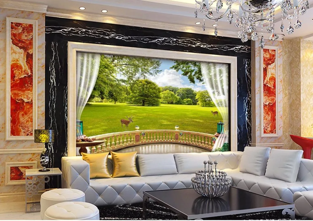 Пользовательские 3d обои Европейский стиль балкон лес пастбище пейзаж олень фон