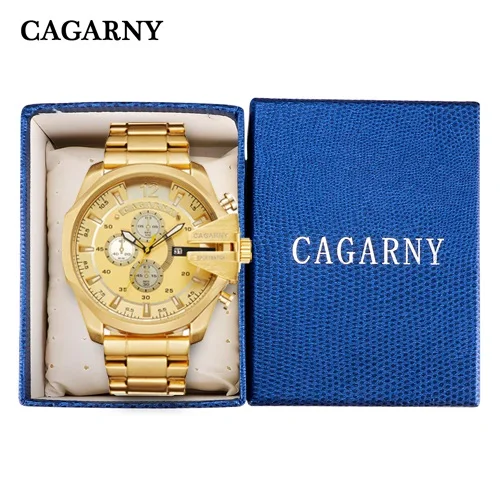 gold with box Cagarny Relogio Masculino Топ Бренд роскошные часы мужские золотые часы из нержавеющей стали военные наручные часы большой циферблат часы мужской подарок - Цвет: gold with box