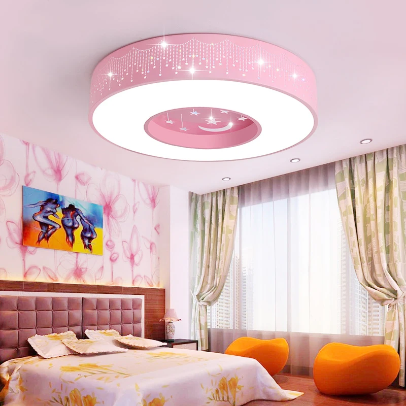 Luces de techo LED simples modernas para habitación de niños, vestíbulo redondo de luna y estrella, lámpara montada en rosa y azul, accesorio de iluminación LED para bebés