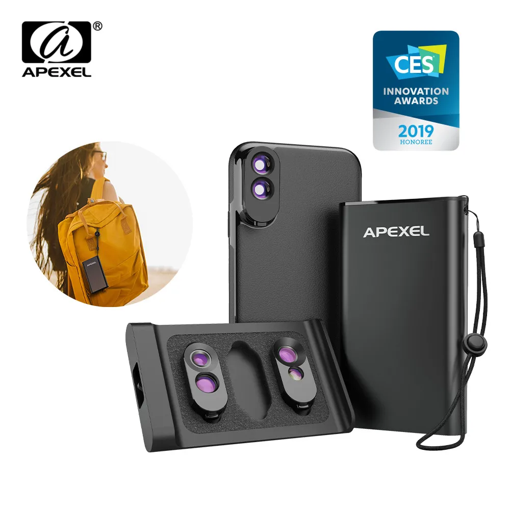 APEXEL 3 в 1 чехол для объектива Набор широкоугольный телеобъектив двойной Макросъемка объектив с чехол для телефона из искусственной кожи Комплект для iPhone X, XS, XS Max