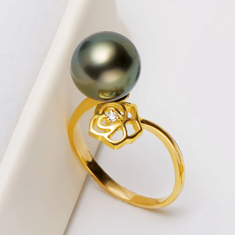 Кольцо с натуральным черным таитянским культивированным жемчугом 10-11 мм