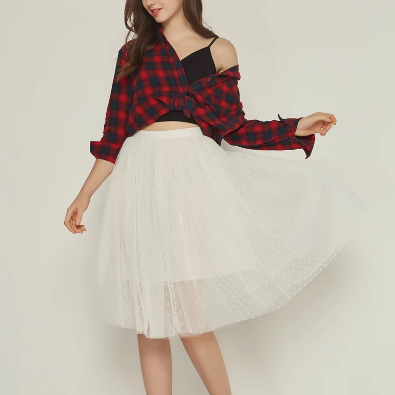 White Dots Kartoska 4 слоев 60 см до середины талии, леопардовая расцветка, пикантная обувь, Юбка из сетчатой ткани с юбкой-пачкой из тюля, юбка с кружевом, для принцессы туфли в сказочном стиле с принтом в горошек и вязаная юбка - Цвет: White Dots