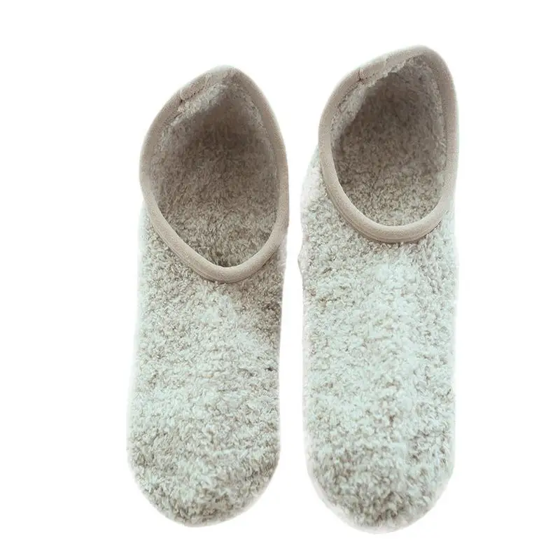 Khaki White 1 пара женских носков зимние носки-тапочки бархатные домашние короткие противоскользящие носки-лодочки однотонные теплые носки - Цвет: Khaki White