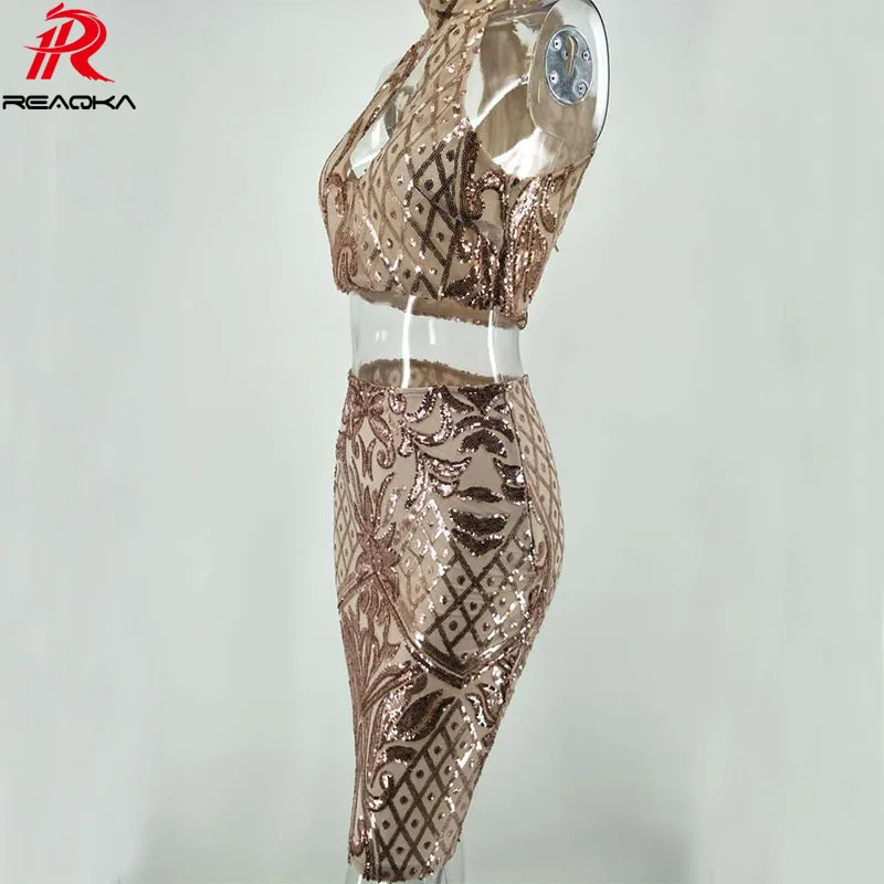 Reaqka Women Summer Two pieces Golden Sequins Dress 2017 Sexy sleeveless Sundress Luxury Club Off Shoulder Party Dresses vestido|vestido off|dress