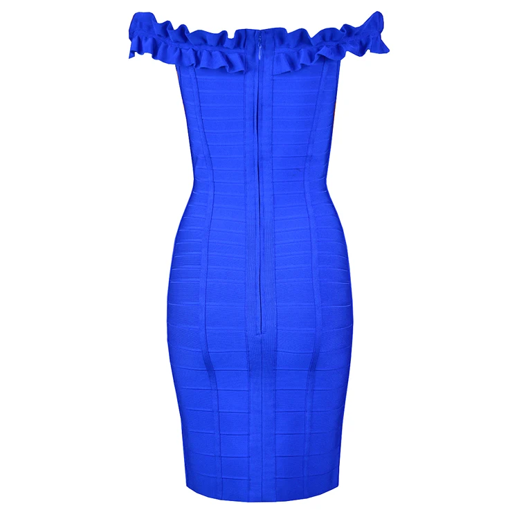 

Slash Neck Bandage Dress Off the Shoulder Elegant Celebrity Evening Fashion Party Mini Bodycon Blue Dresses