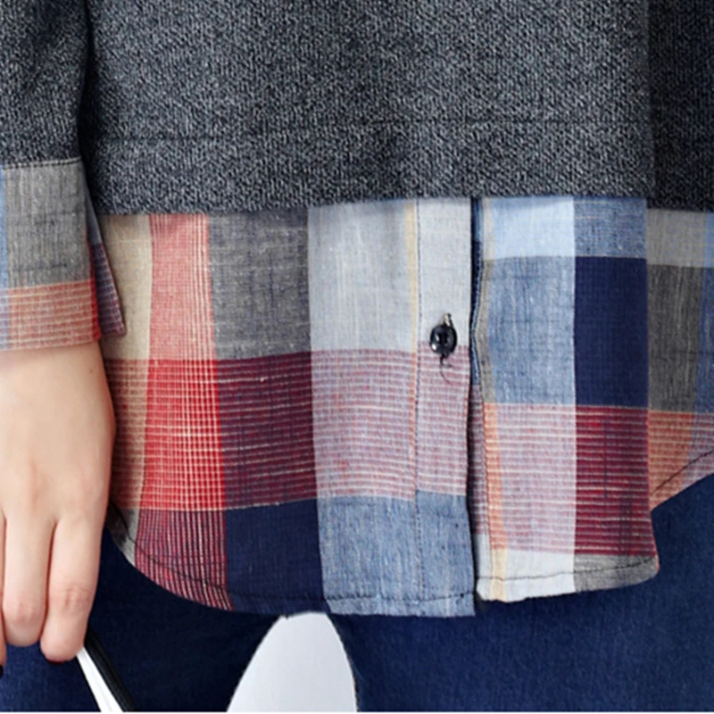 

M-5XL Plus Size Casual Fashion Faux 2 Pieces Women Pullovers Blouses Long Sleeve Patchwork Plaid Shirts Loose Check Tops Autumn