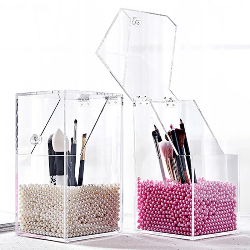 Acrylic Clear Transparent Makeup Brush Storage Box With Cover Plastic Makeup Organizer Cosmetic Tool Holder Rack Pearl