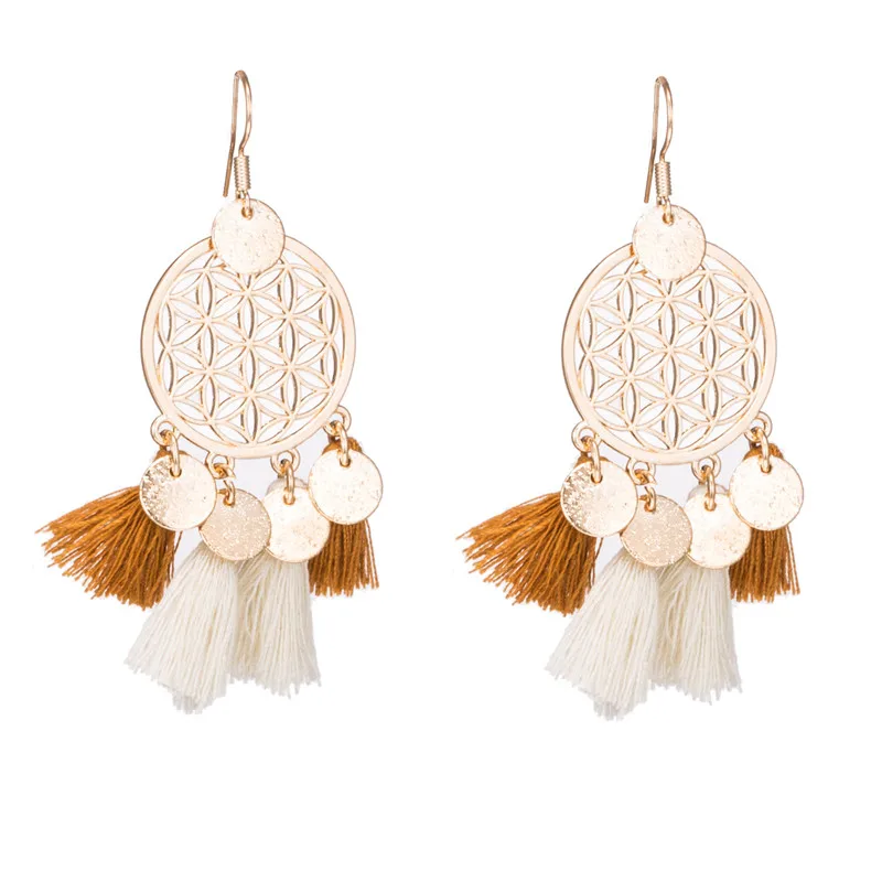 E020250 Gold color round sequins boho ethnic tassel drop earrings Women ladies fashion earring bohemia statement vintage wedding - Окраска металла: E020250