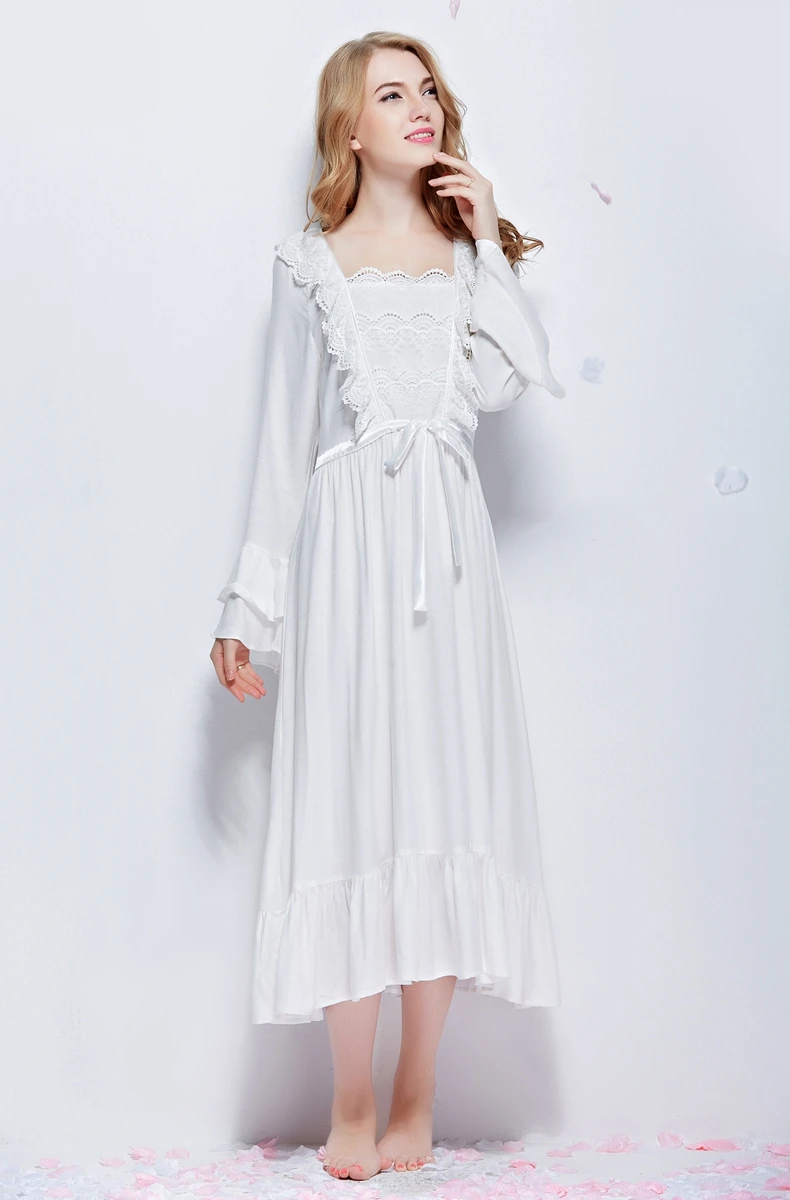 Женское элегантное белое платье из хлопка с длинным рукавом|plus nightgown|sleeping dresswhite
