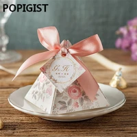 100pcs creative pink floral triangular pyramid wedding favors candy boxes bomboniera party gift box sugar box