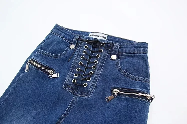Женские повседневные джинсы в стиле ретро со шнуровкой и высокой талией