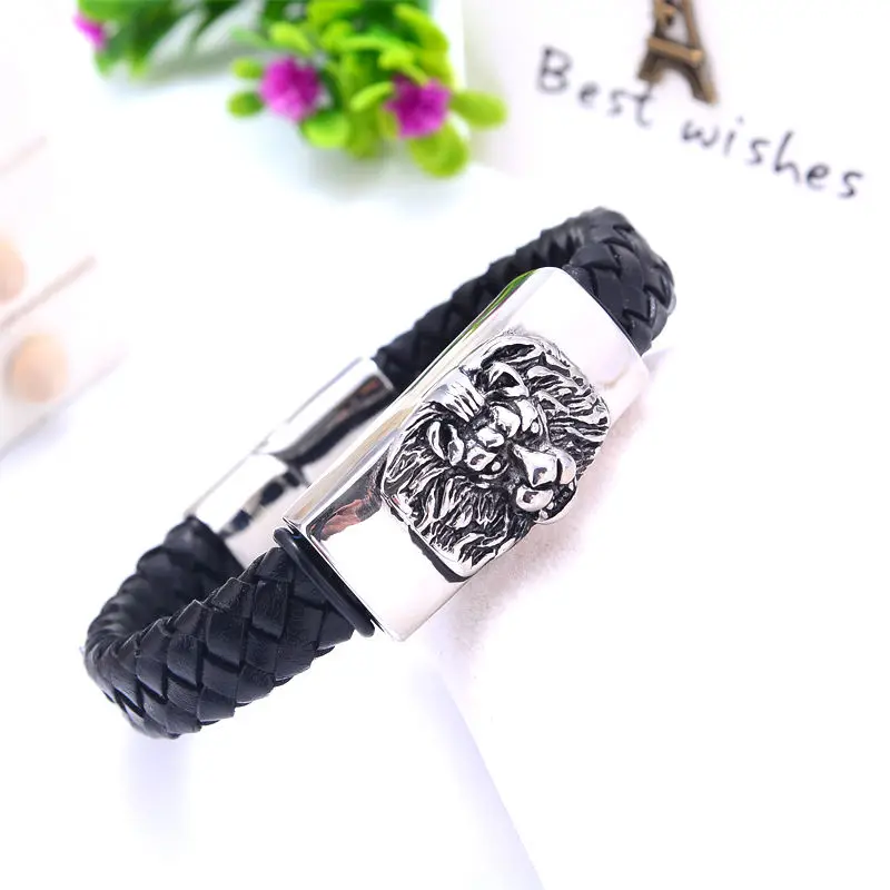 Новинка 2017 года кожаный магнитный браслет с головой льва из натуральной кожи