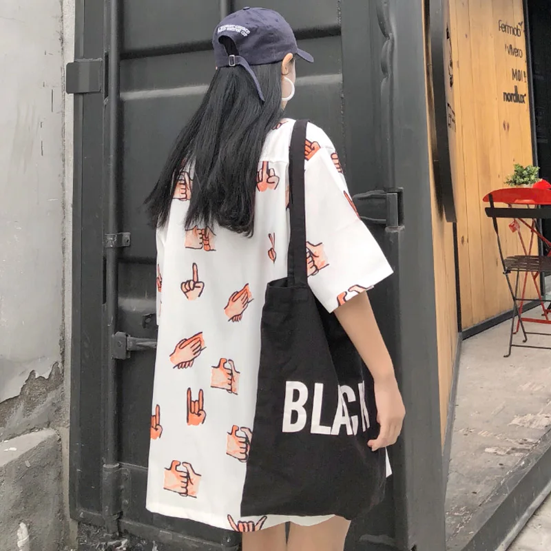Корейская версия Harajuku Свободные узор отпечатков пальцев Топы уличной короткий