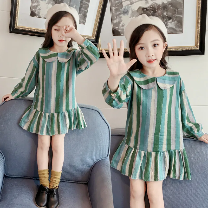 

2019 Girls Dress Autumn Children's Lapel Vertical Stripes Linen Long Sleeve Dresses 2-6 Years Y059