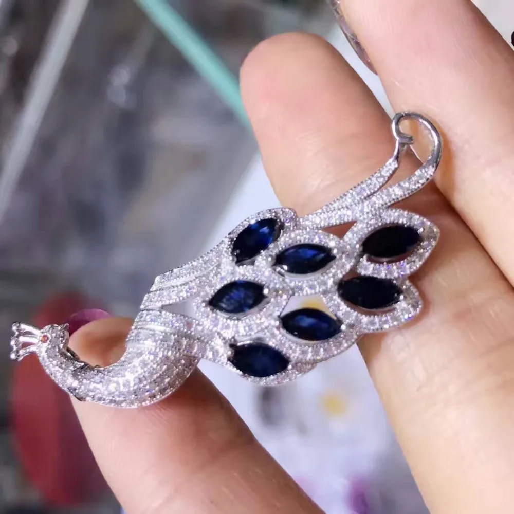 

Natural blue sapphire gem brooch S925 silver Natural gemstone brooch Pendant luxurious peacock Phoenix women two wears jewelry