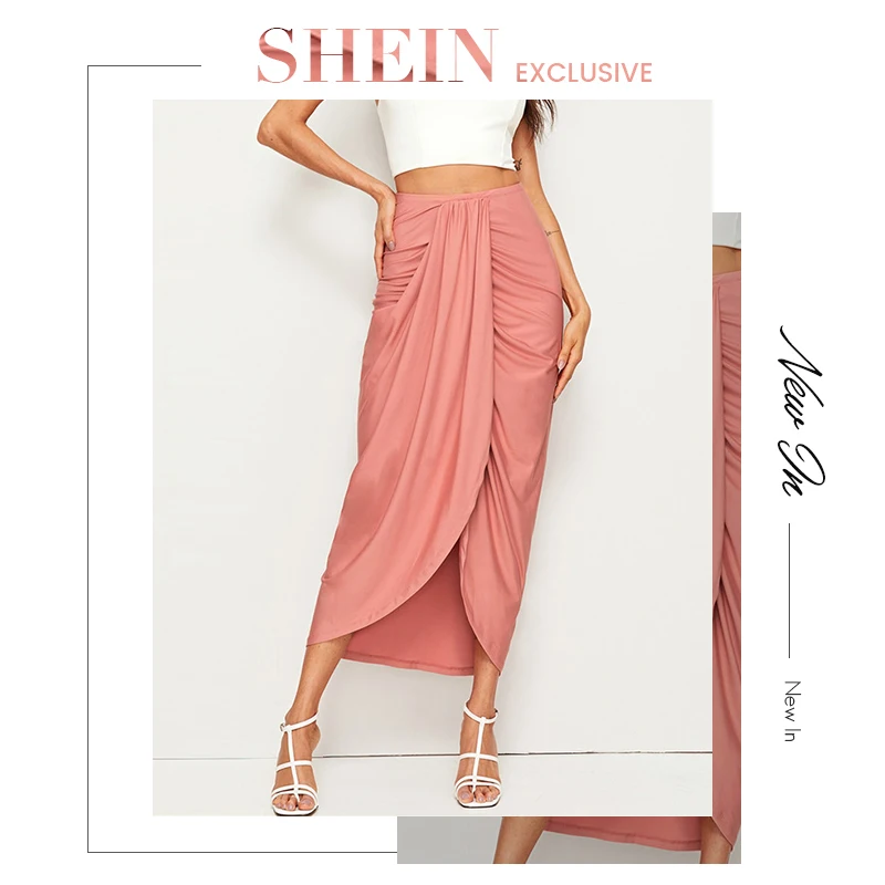 SHEIN женская розовая драпированная юбка с высокой талией, однотонная Асимметричная обертка, летняя юбка, Женская длинная юбка для отдыха в Корейском стиле