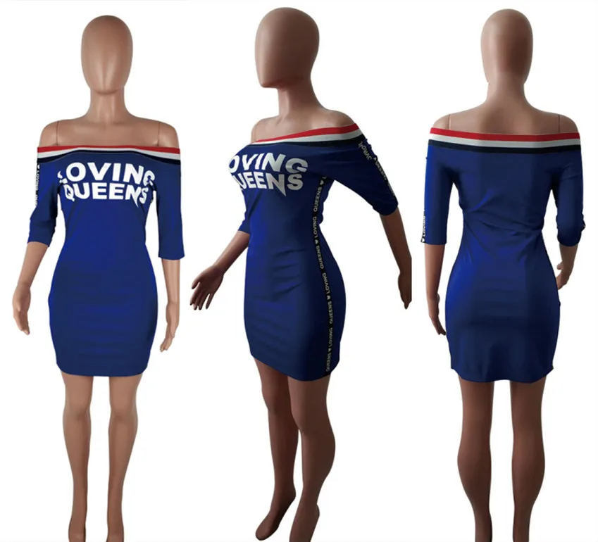 Robe Femme Ete Новинка года рубашка платье для женщин в полоску Сращивание Письмо печати с открытыми плечами Slash средства ухода за кожей Шеи