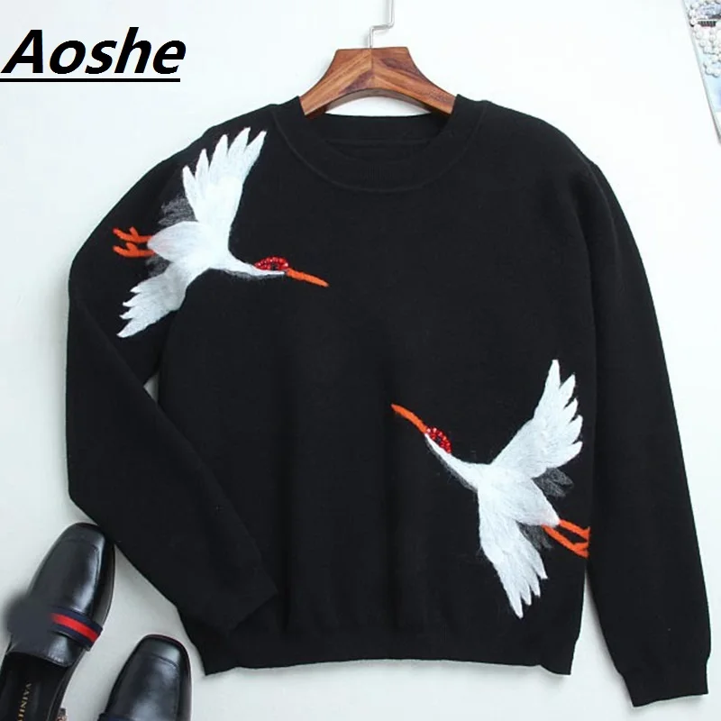Top Quality Runway Designer Sweater Women Pullover 2018 New Red-crowned Crane Embroidery Winter Wool Knit Oversized Jumper | Женская