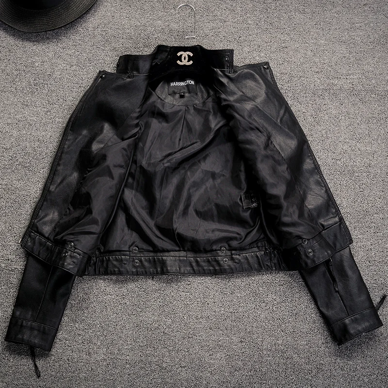 Женская мотоциклетная куртка с длинными рукавами тонкая короткая черная кожаная