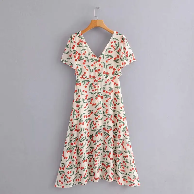 Фрукты Вишня печать летнее платье женское v образным вырезом оборками короткий