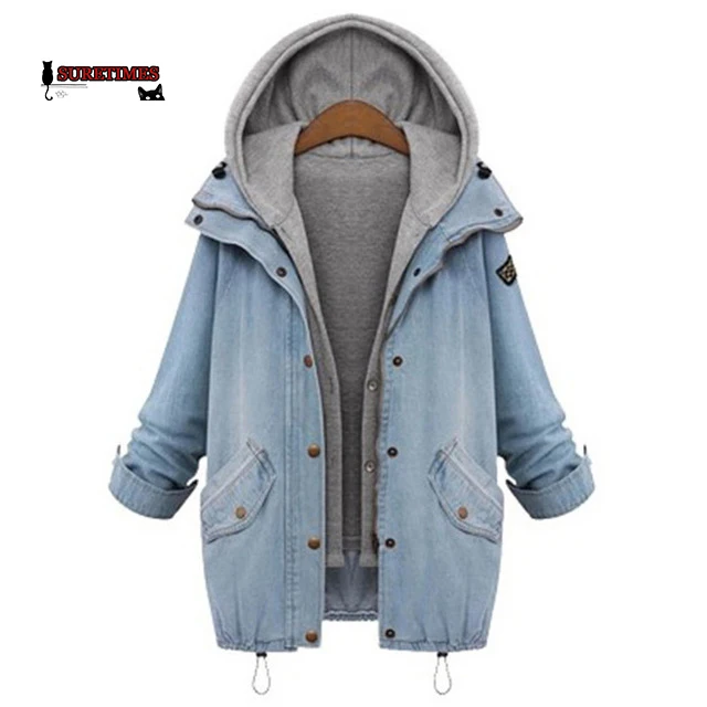 Женская джинсовая куртка с капюшоном голубая верхняя одежда из двух предметов