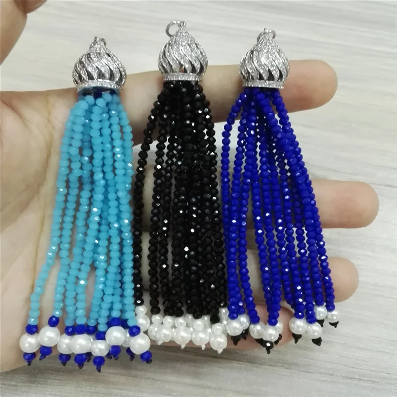Boho Белый жемчуг с Cz Циркон Корона Подвески длинные висячие 10 рядов синий черный серьги из бисера с кисточкой для женщин Свадебные украшения