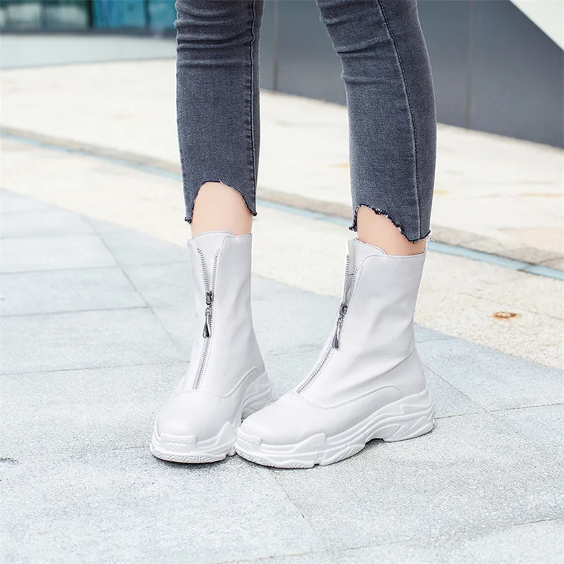 

Meotina Women Boots Autumn Ankle Boots Zipper Flat Platform Short Boots Fashion Round Toe Shoes Ladies Winter White Plus Size 46