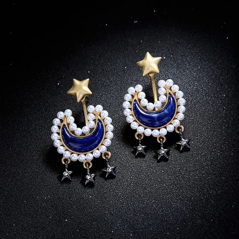 Модные женские серьги-подвески с имитацией жемчуга в виде звезды луны эффектные
