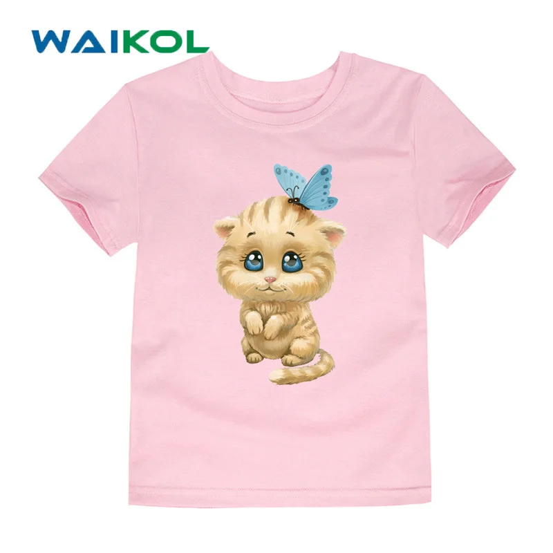 Хлопковые футболки для девочек и мальчиков дети милый кот детские короткий рукав