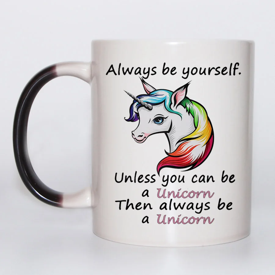 Фото Забавные мультяшные кружки с единорогом Always be Yourself, меняющие цвет, волшебная Термочувствительная кофейная кружка, кружка из костяного фарфора, кружка для чая №3
