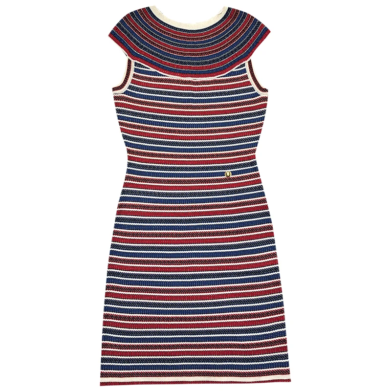 

Luxury Brand Designer Knitted Dress for Women Vintage Ruffled Collar Contrast Striped Sleeveless Knitted Dress