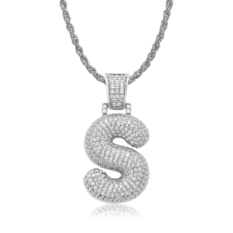 

OMYFUN Factory Price Copper Bubble Letter S Lucky Charm with 3mm Rope Chain 3A CZ Micro Paved Bling A-Z Custom Jewelry for Men