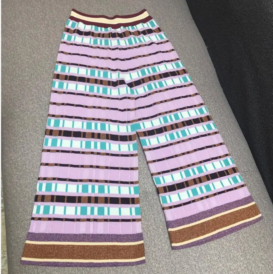 

two pieces set Women Knitted shirt summer V Neck Striped Color Matching Knitted Top and Knitted Wide Pants