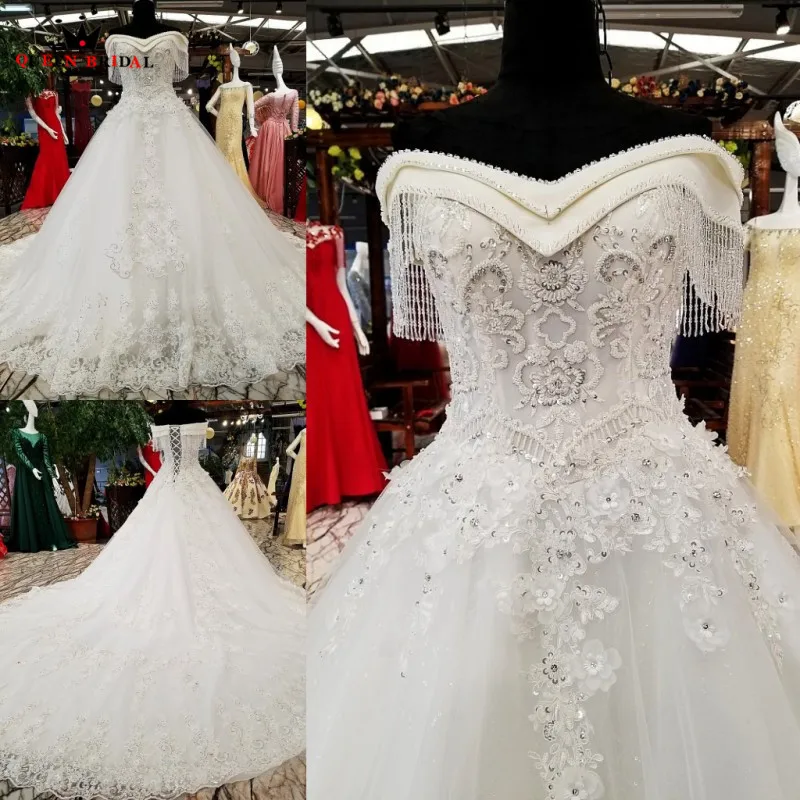 Ball Gown Fluffy Flowers Lace Crystal Beading Long Elegant Bride Wedding Dresses Real Photos Vestidos De Noiva XG30 | Свадьбы и