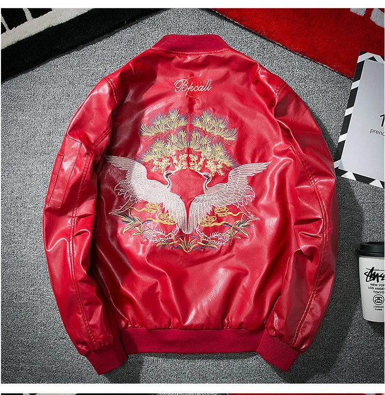 MANVALUE European and American High Street Tide Crane Embroidery Men's Autumn Air Force Pilot Suits PU Leather Jackets