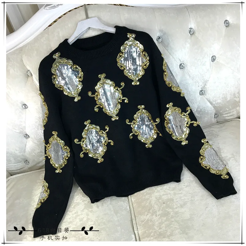 Cakucool Beading Knitted Tops Women Long Sleeve O-neck Sequined Sweaters Floral Embroid Ethnic Shiny Jumpers Sweater Female | Женская